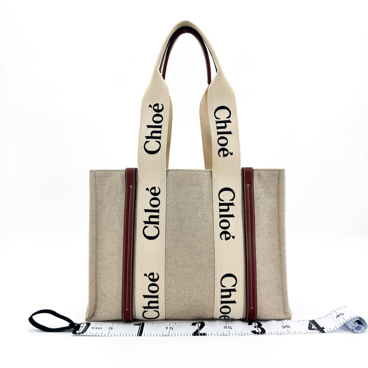 Chloe Woody Tote Canvas with Leather, Beige, Canvas, Handbag
