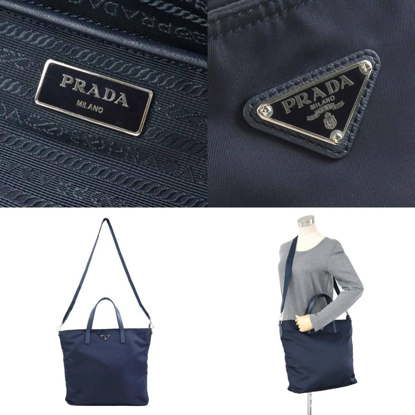 Prada, Navy, Canvas, tote