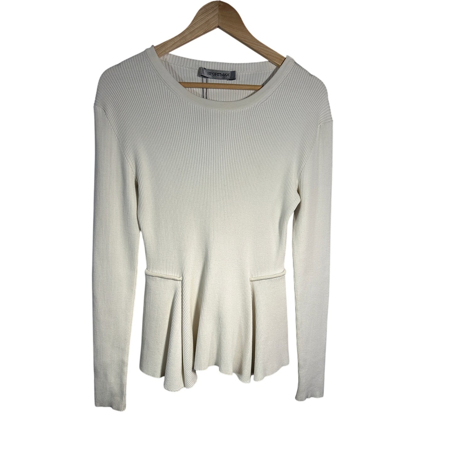SPORTMAX Πλεκτό Πουλόβερ Peplum με Ριμπ Πλεχτό, Μονόχρωμο, Μακρυμάνικο, Γυναικείο, Λευκό M