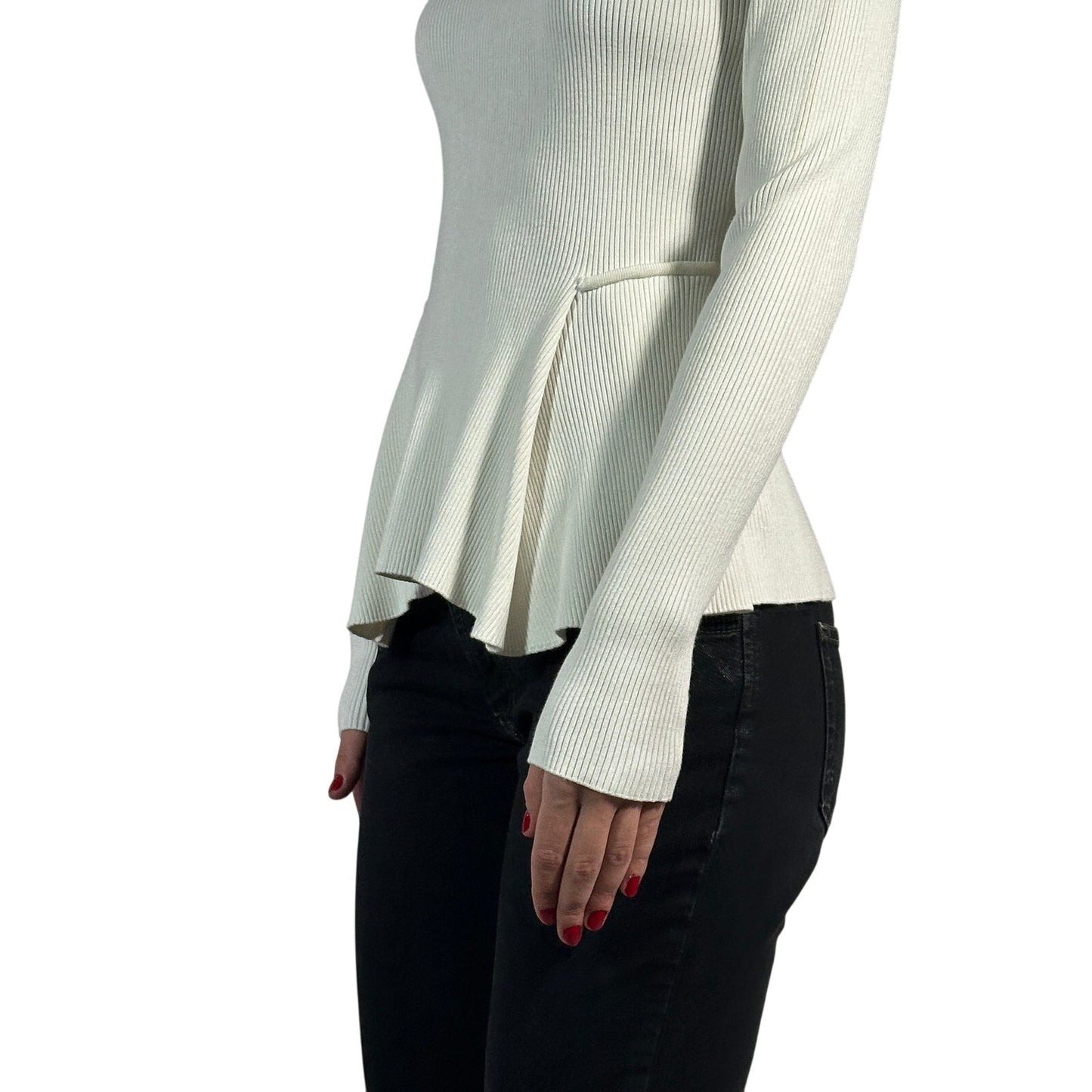 SPORTMAX Πλεκτό Πουλόβερ Peplum με Ριμπ Πλεχτό, Μονόχρωμο, Μακρυμάνικο, Γυναικείο, Λευκό M