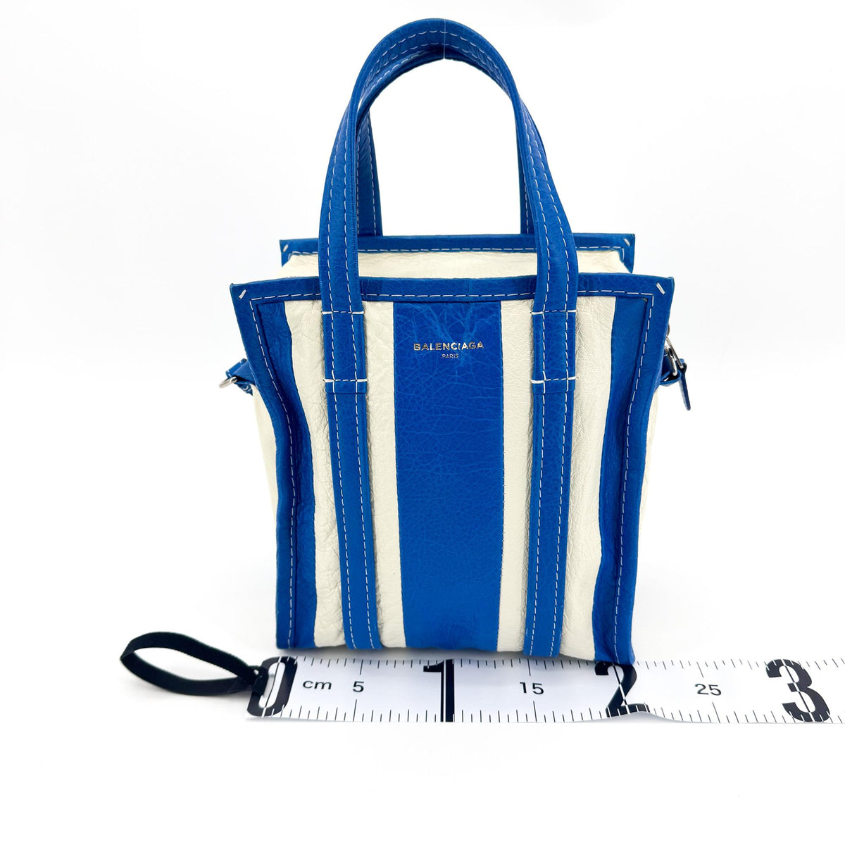 Balenciaga Bazar Striped Leather, Blue, Leather, Tote Bag