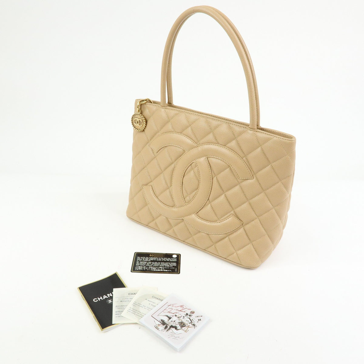 Chanel Medallion Quilted Lambskin, Beige, Calfskin, Tote Bag