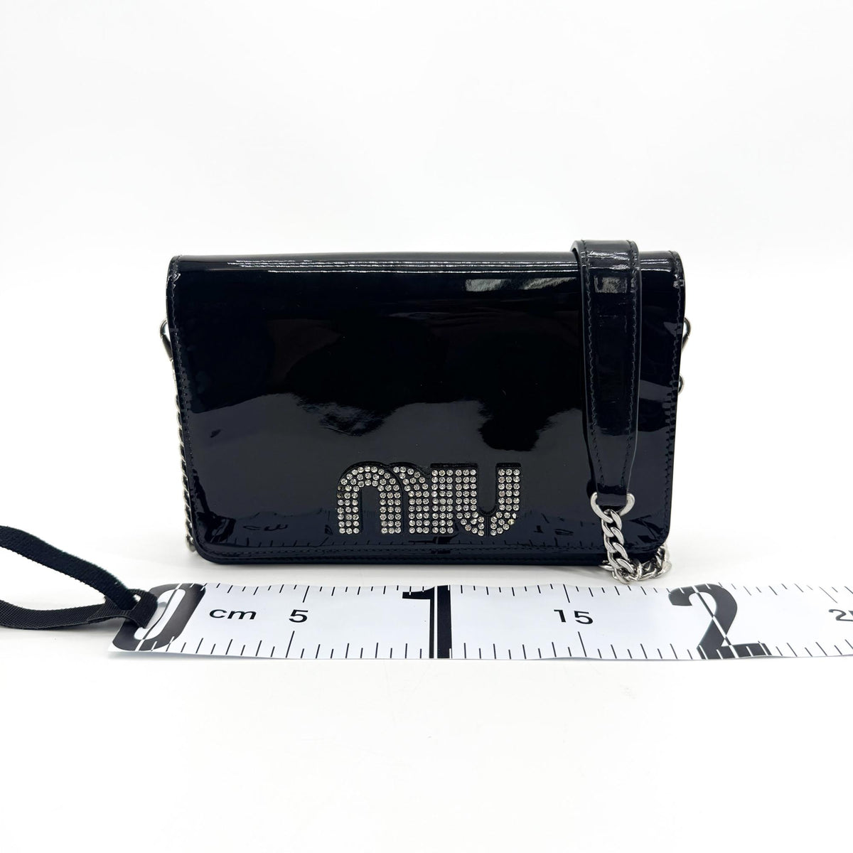 Miu Miu My Logo Chain Patent, Black, Patent Leather, Crossbody Bag