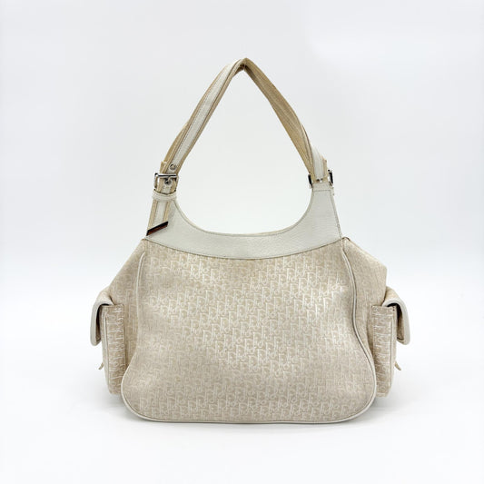 Christian Dior Vintage Trotter Street Chic Pocket Hobo Diorissimo Canvas, White, Canvas, Shoulder Bag
