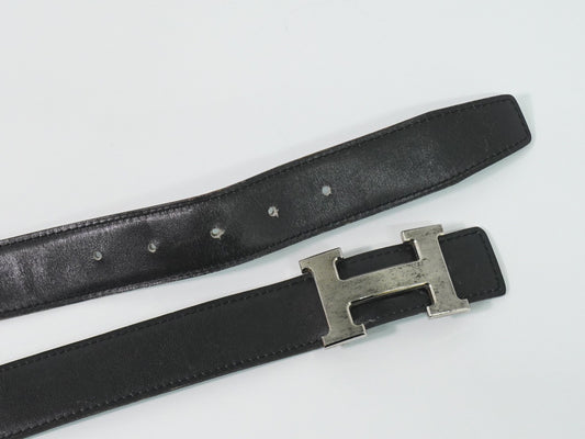 Hermes Constance Reversible Belt Leather with Guilloche Hardware, Black, Leather, Belt