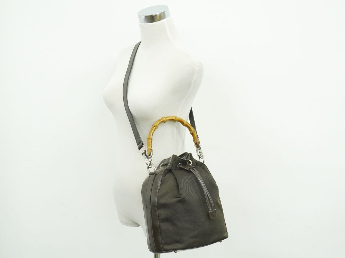 Gucci Vintage Bamboo Bucket Nylon and Leather, Brown, Canvas, Handbag