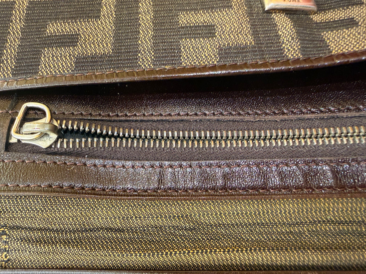 Fendi Baguette Continental Zucca Embossed Leather, Brown, Canvas, Wallet