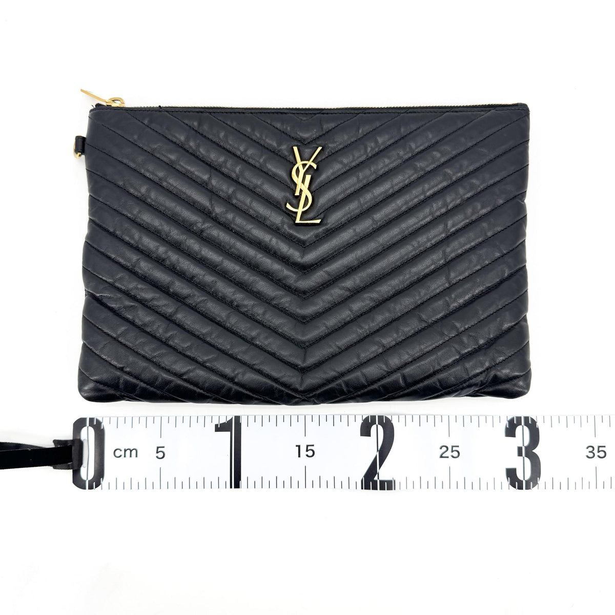Saint Laurent Classic Monogram Wristlet Matelasse Chevron Leather, Black, Leather, Clutch