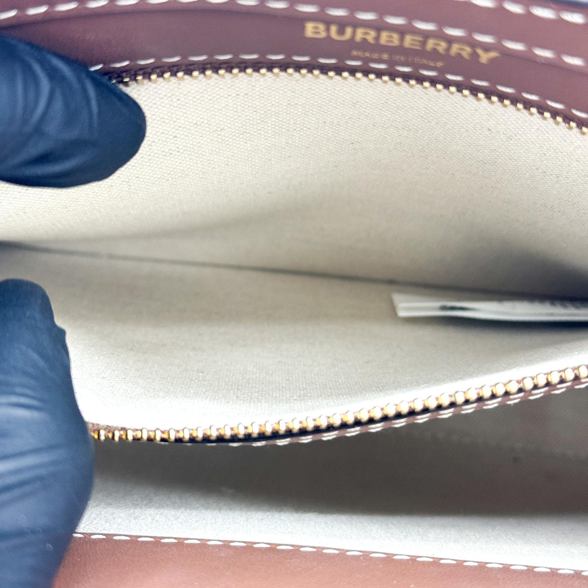 Burberry Logo Pocket Leather with Check Canvas, Brown, Canvas, Tote Bag
