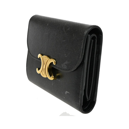 Celine Triomphe Trifold Leather, Black, Leather, Wallet