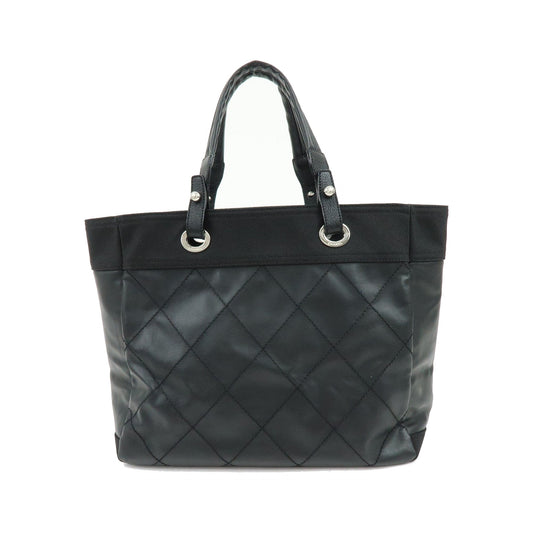 Chanel Biarritz Quilted Coated Canvas, Black, Leather, Tote Bag