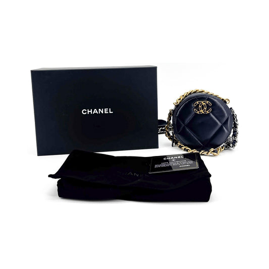 Chanel Round Flap Chevron Calfskin, Navy, Calfskin, Handbag