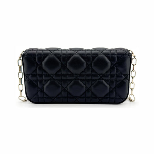 Christian Dior Lady Dior Chain Phone Cannage Quilt Lambskin, Black, Leather, Clutch