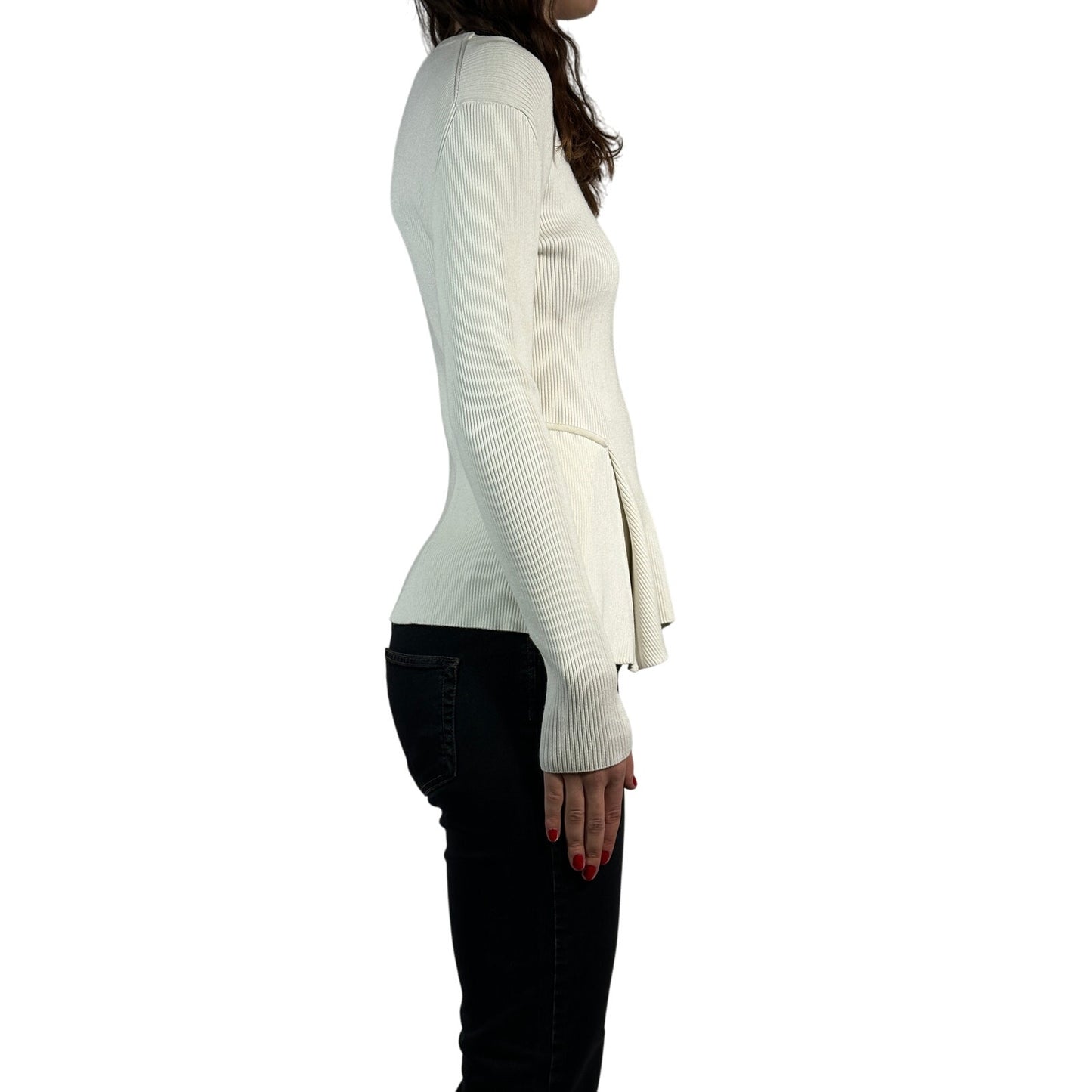 SPORTMAX Πλεκτό Πουλόβερ Peplum με Ριμπ Πλεχτό, Μονόχρωμο, Μακρυμάνικο, Γυναικείο, Λευκό M