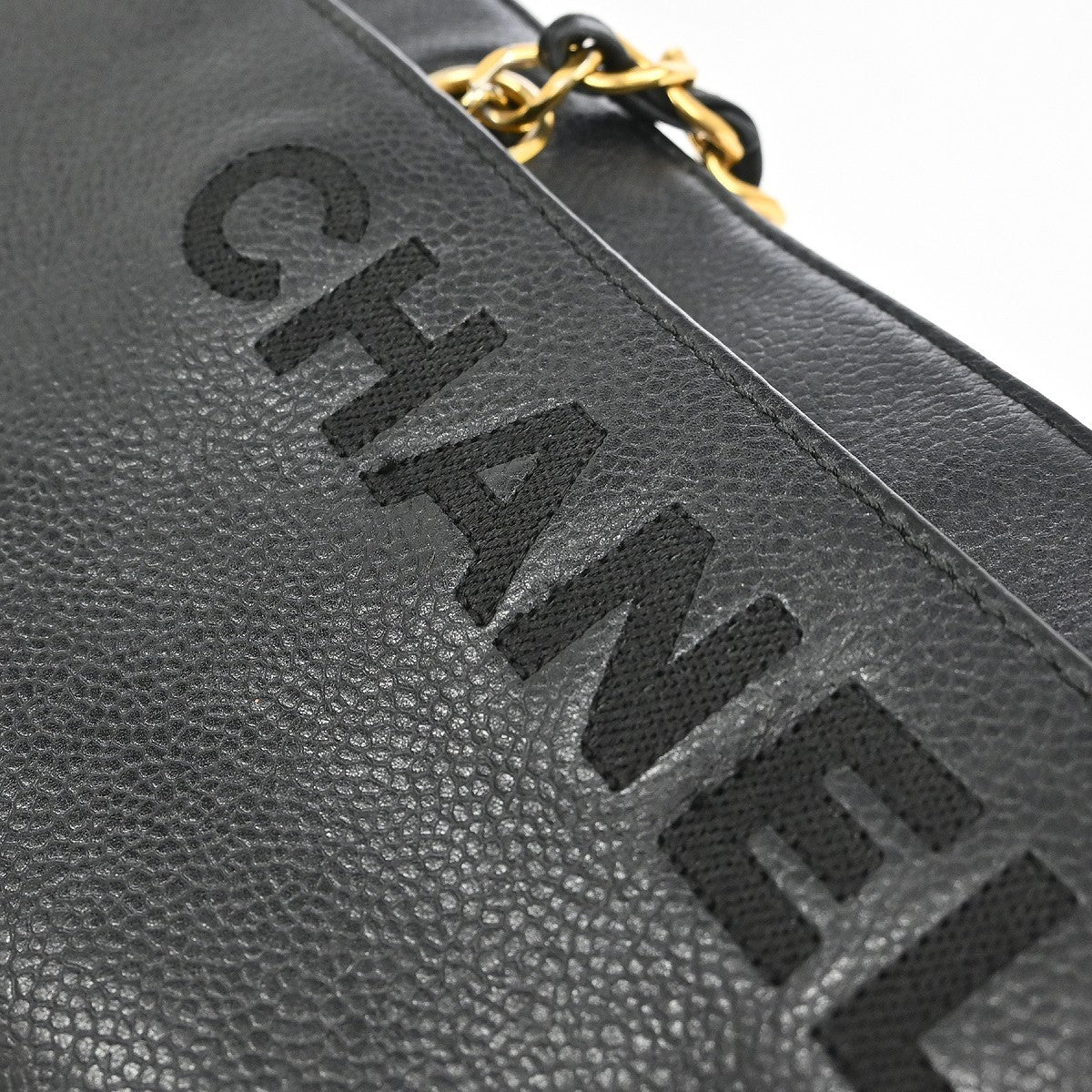 Chanel Vintage Logo Chain Caviar, Black, Leather, Tote Bag