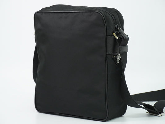Prada Front Zip Messenger Quilted Tessuto, Black, Nylon, Shoulder Bag