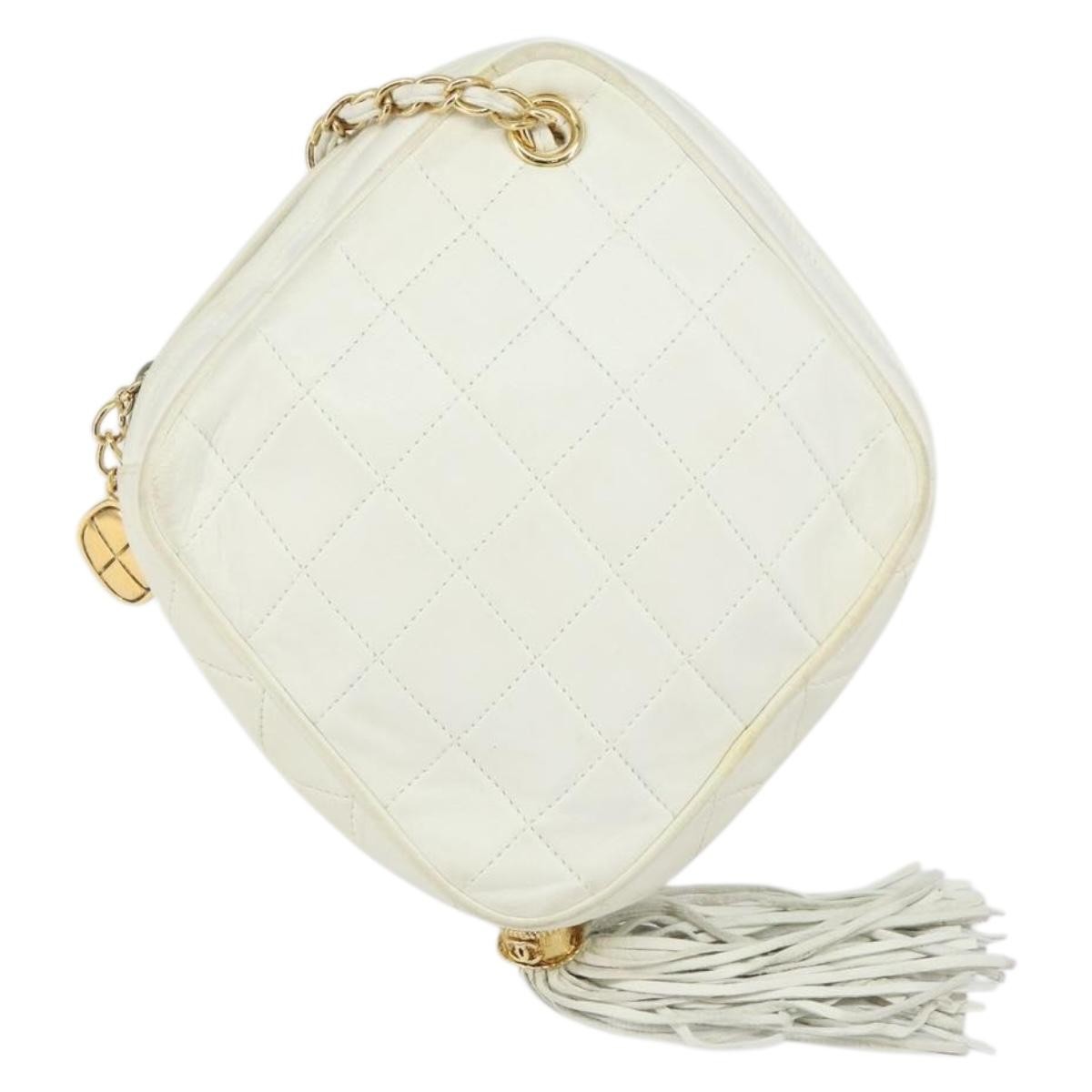 Chanel Vintage Diamond Tassel Quilted Lambskin, White, Leather, Crossbody Bag