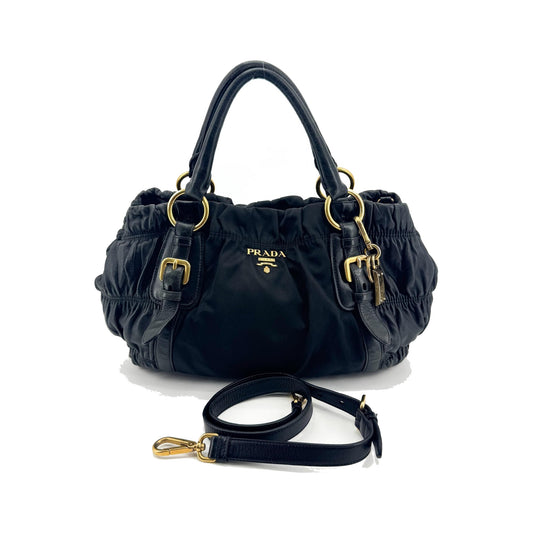 Prada Gaufre Convertible Satchel Leather and Tessuto, Black, Nylon, Handbag