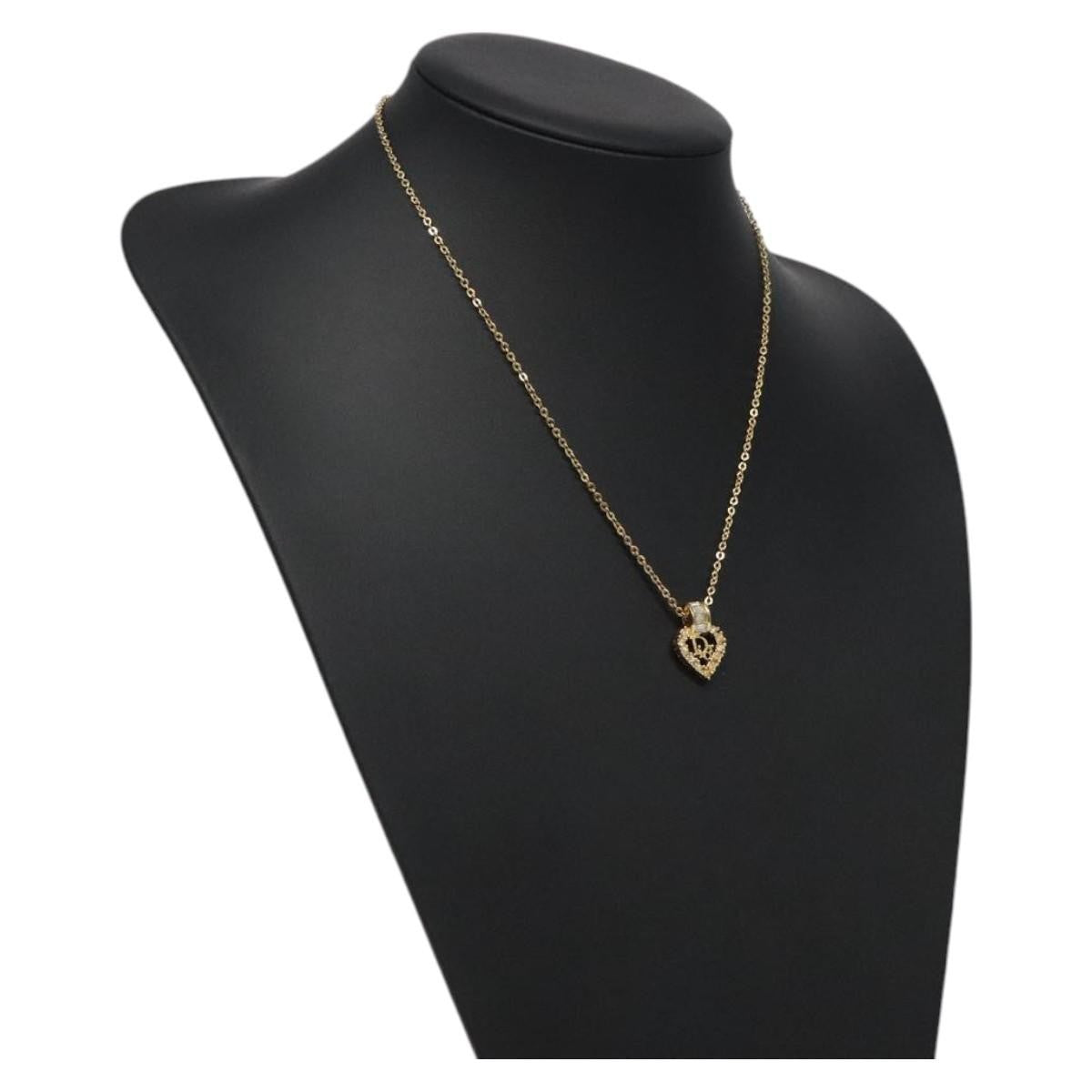 Christian Dior Logo Heart Pendant Necklace Metal with Crystal, GOLD, METAL, Necklace