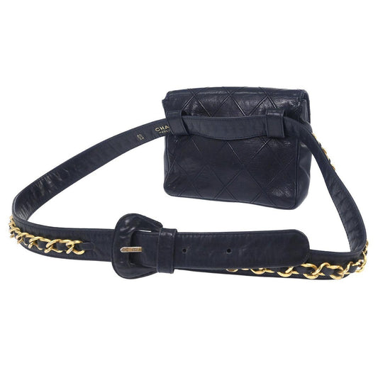 Chanel Vintage Flap Waist Bag Leather, NAVY, LEATHER, Clutche & pouche