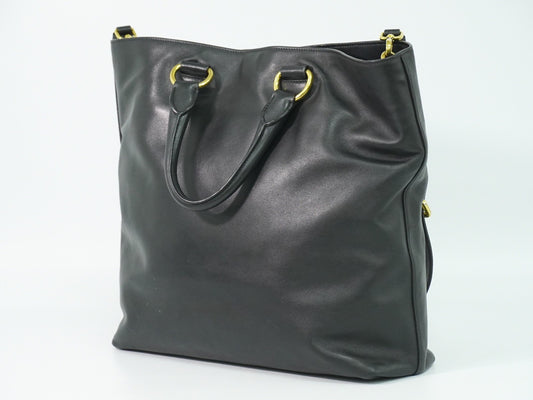 Prada Convertible Shopper Tote Soft Calf, BLACK, LEATHER, Tote bag