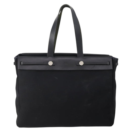 Hermes Herbag Cabas Toile and Leather, Black, Canvas, Tote Bag