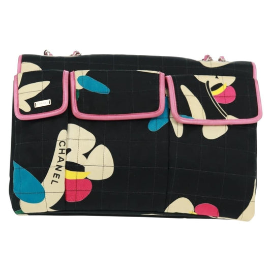 Chanel Vintage Chocolate Bar Mademoiselle Multipocket Flap Bag Quilted Printed Canvas, BLACK, CANVAS, Shoulder bag