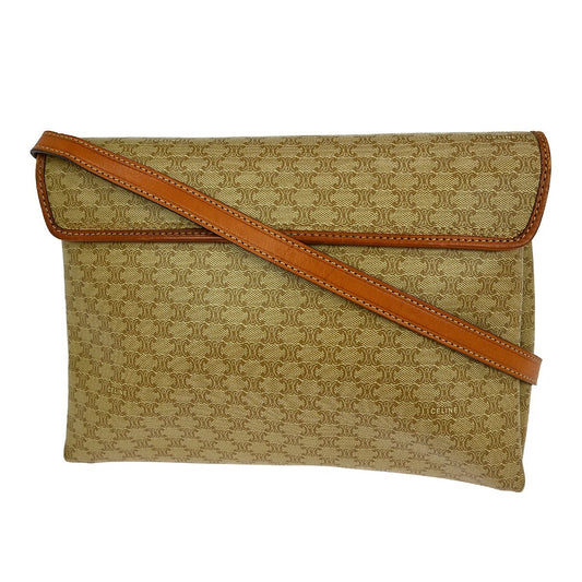 Celine Vintage Macadam Shoulder Bag Canvas and Leather, BEIGE, CANVAS, Shoulder bag