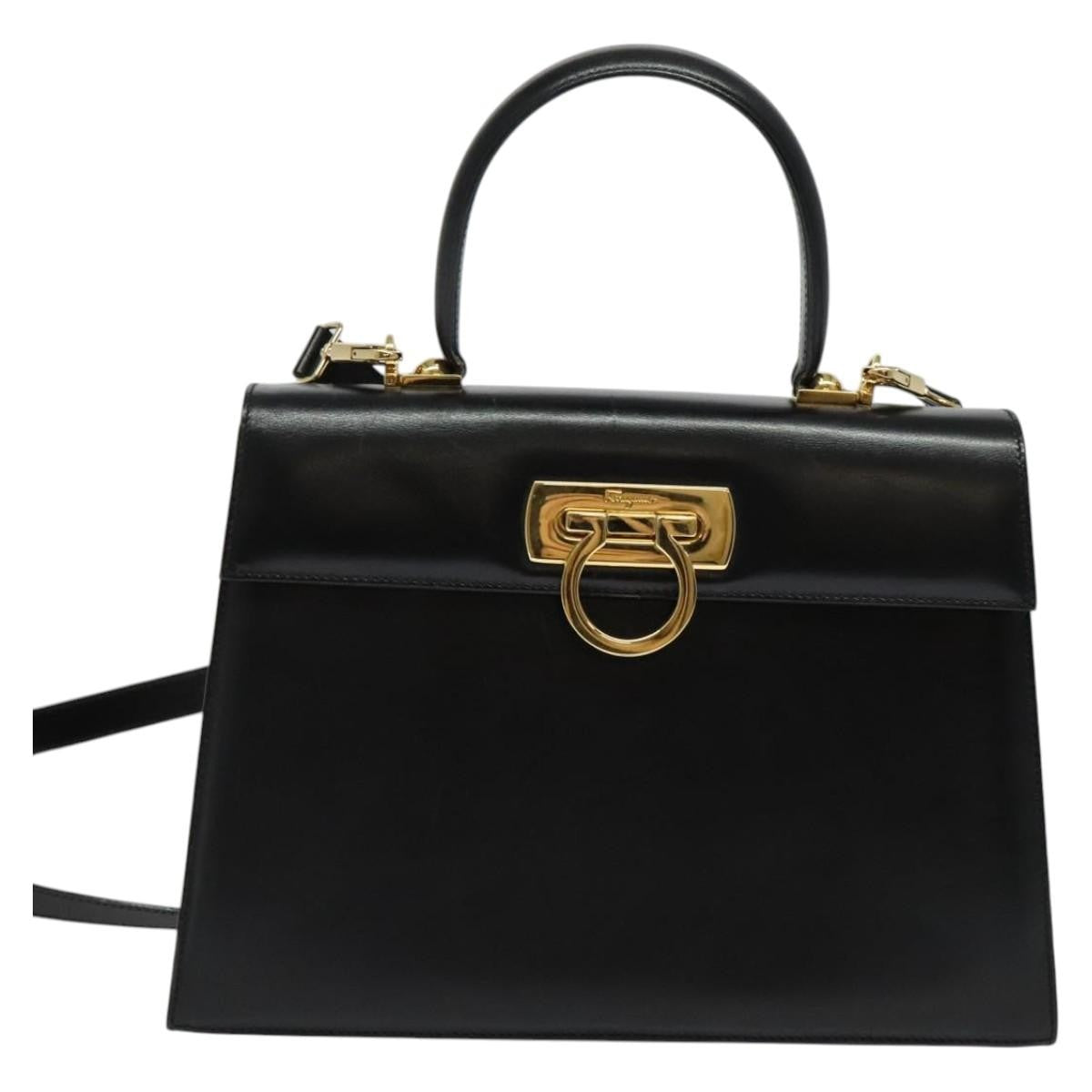 Salvatore Ferragamo Gancini Convertible Top Handle Bag Leather, BLACK, LEATHER, Handbag