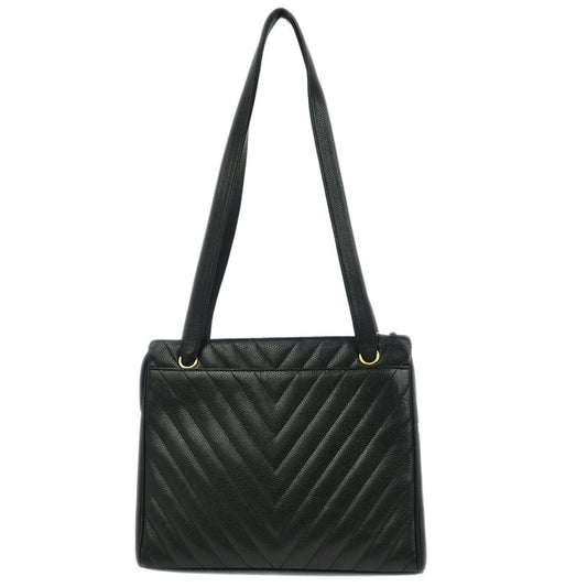 Chanel Vintage Zip Shoulder Bag Chevron Caviar, Black, Leather, Shoulder Bag