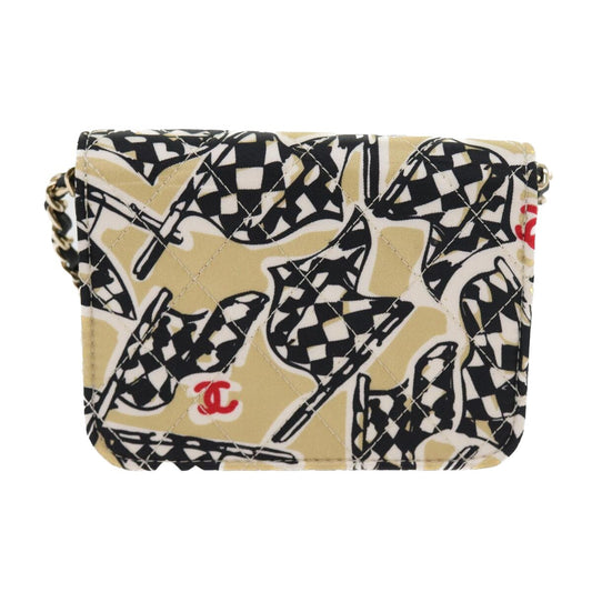 Chanel Flap Card Holder on Chain Quilted Printed Canvas, BEIGE, CANVAS, Shoulder bag