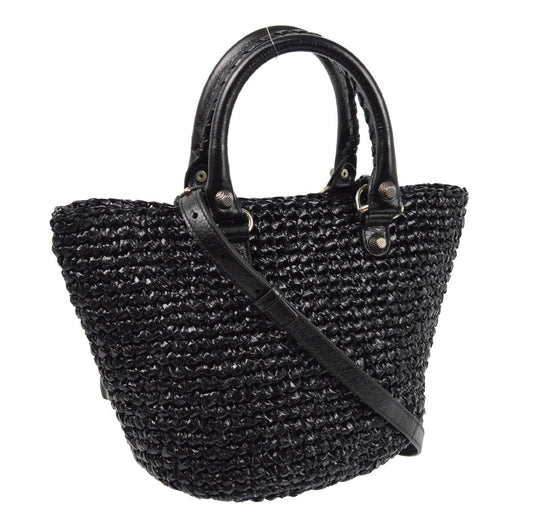 Balenciaga Le Cagole Panier Raffia with Leather, BLACK, LEATHER, Tote bag