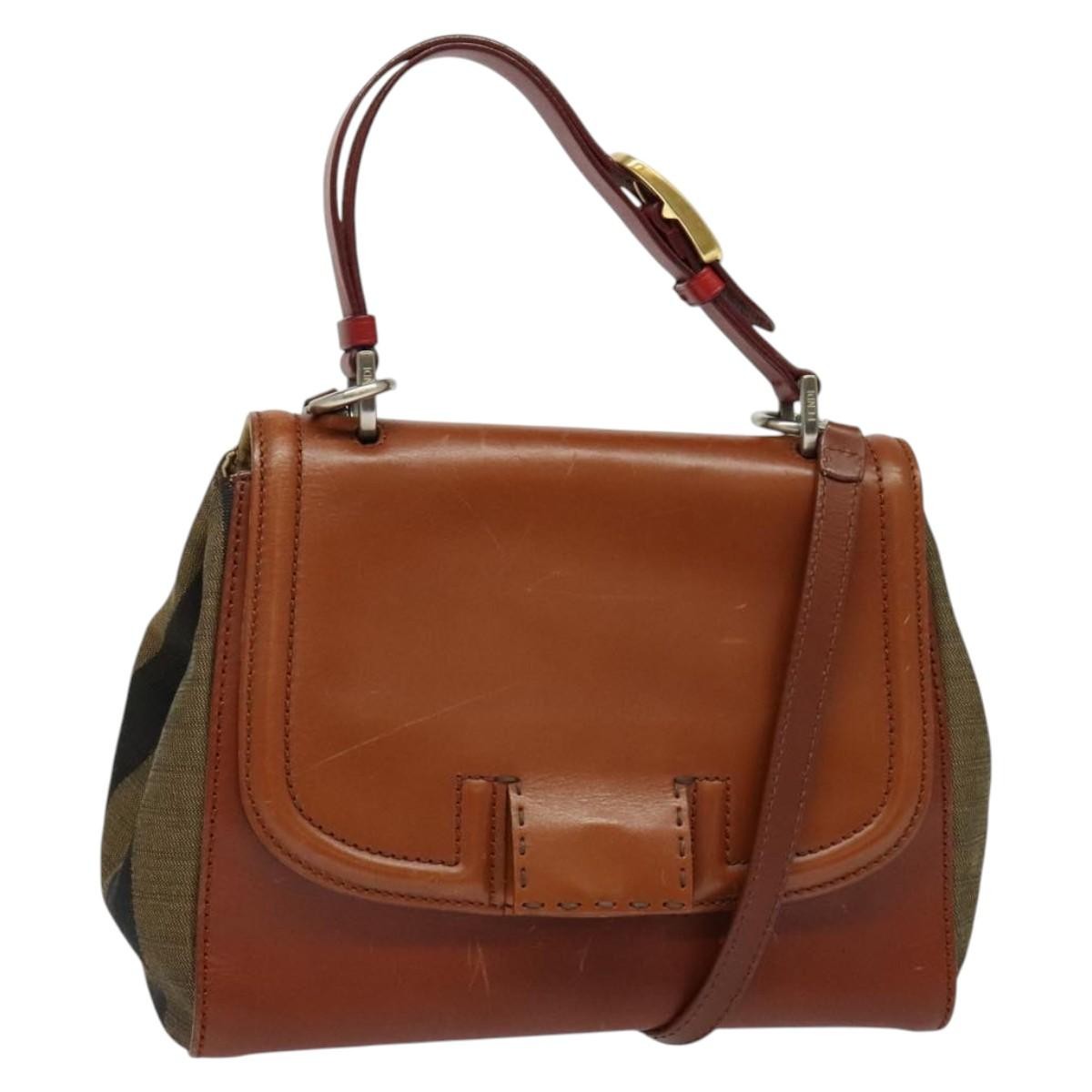 Fendi Silvana Bag Leather with Pequin Canvas, BROWN, LEATHER, Shoulder bag