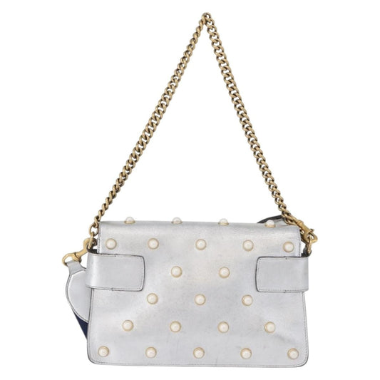 Gucci Broadway Pearly Bee Shoulder Bag Embellished Leather, SILVER, LEATHER, Shoulder bag