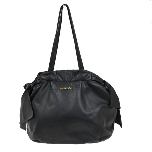 Prada Bow Tie Pleated Tote Leather, BLACK, LEATHER, Shoulder bag