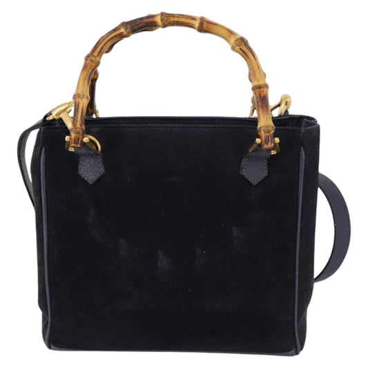 Gucci Vintage Bamboo Front Pocket Tote Suede, NAVY, SUEDE, Handbag