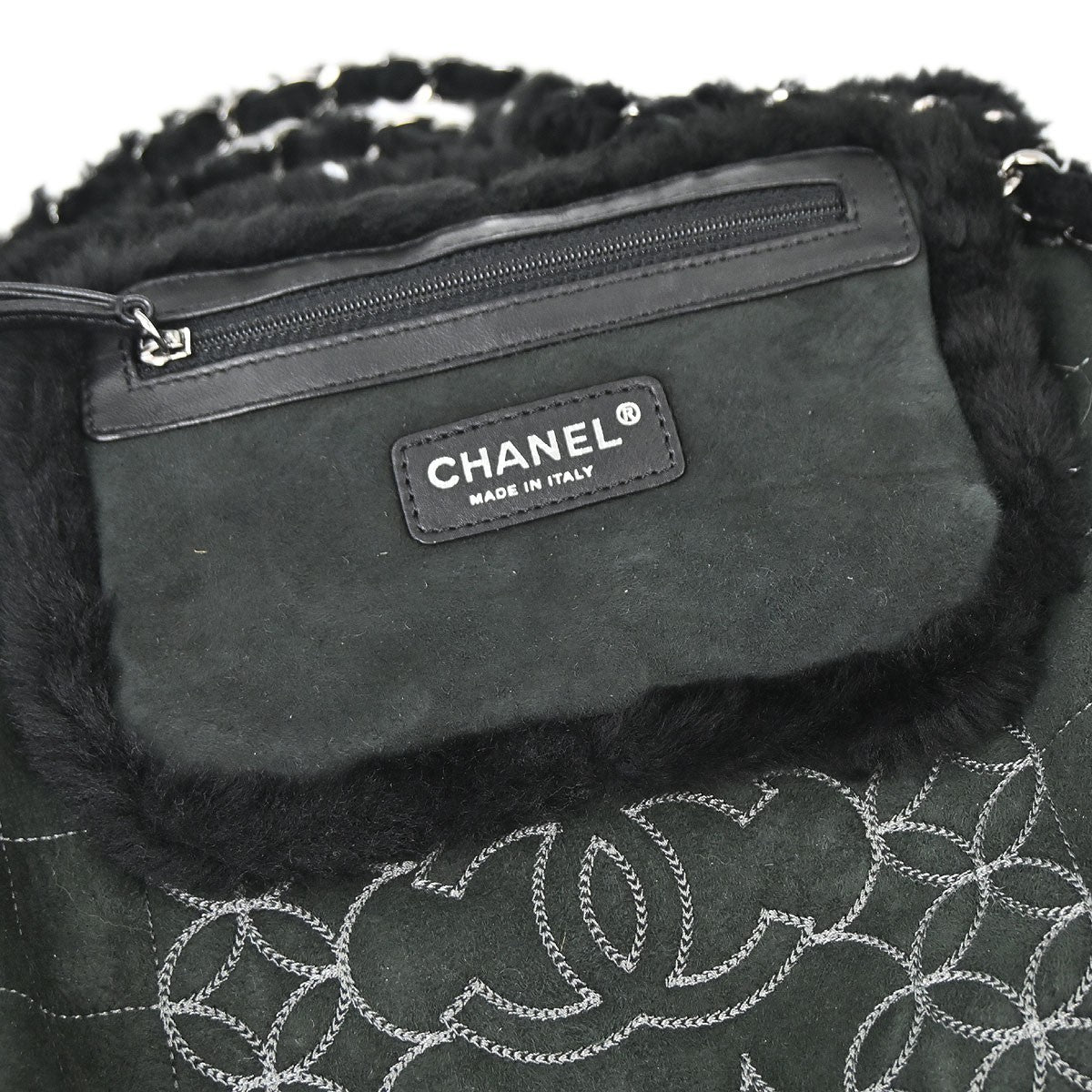 Chanel Vintage Embroidered CC Chain Tote Quilted Suede and Shearling, Black, Suede, Tote Bag