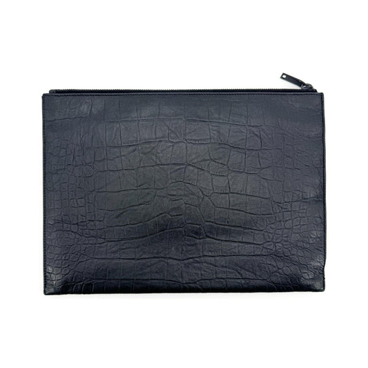 Saint Laurent Classic Monogram Zip Crocodile Embossed Leather, Black, Leather, Clutch