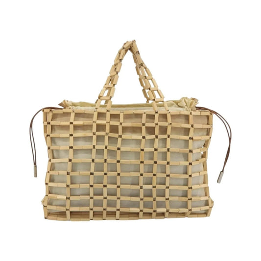 Salvatore Ferragamo Wood Mesh Drawstring canvas, Beige, Canvas, Handbag