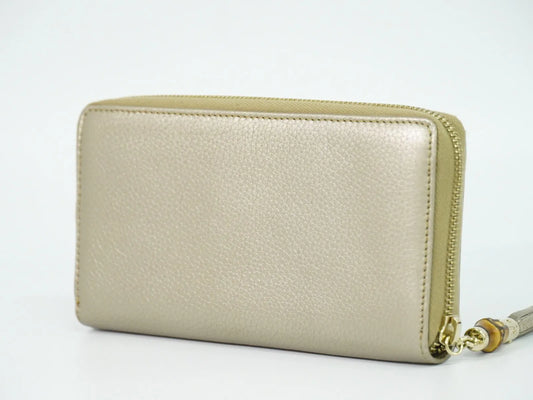 Gucci Bamboo Tassel Zip Leather, Gold, Leather, Wallet