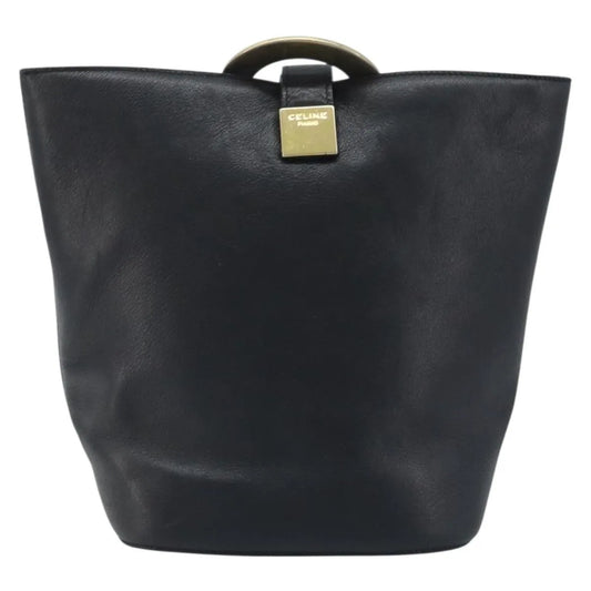 Celine Circle Logo Leather, Black, Leather, Handbag