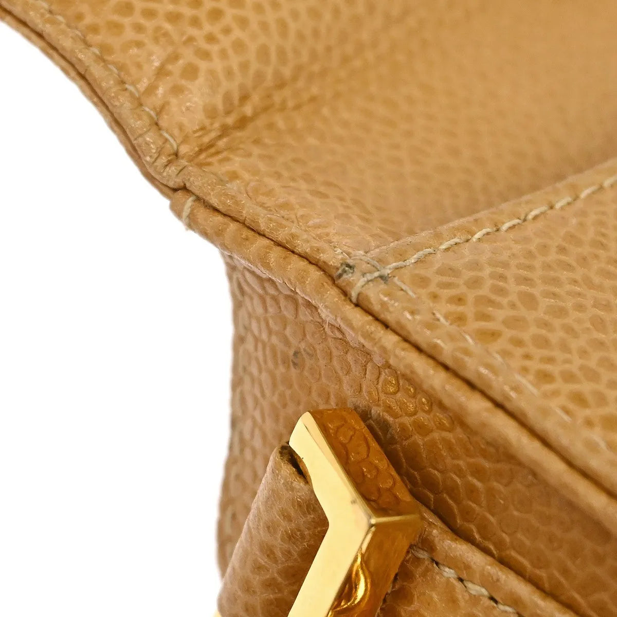 Chanel Vintage CC Phone Holder Caviar, Beige, Leather, Clutch