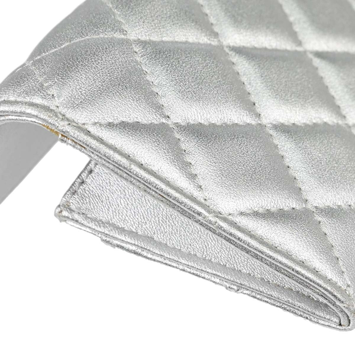 Chanel CC Flap Card Case Quilted Lambskin, Silver, Leather, Card Holder