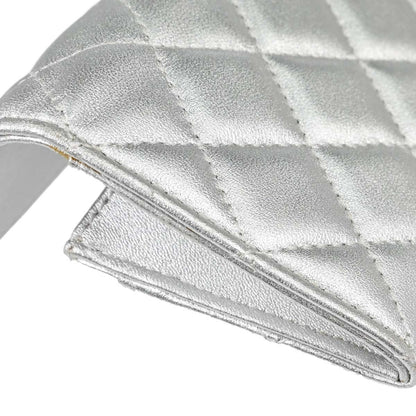 Chanel CC Flap Card Case Quilted Lambskin, Silver, Leather, Card Holder