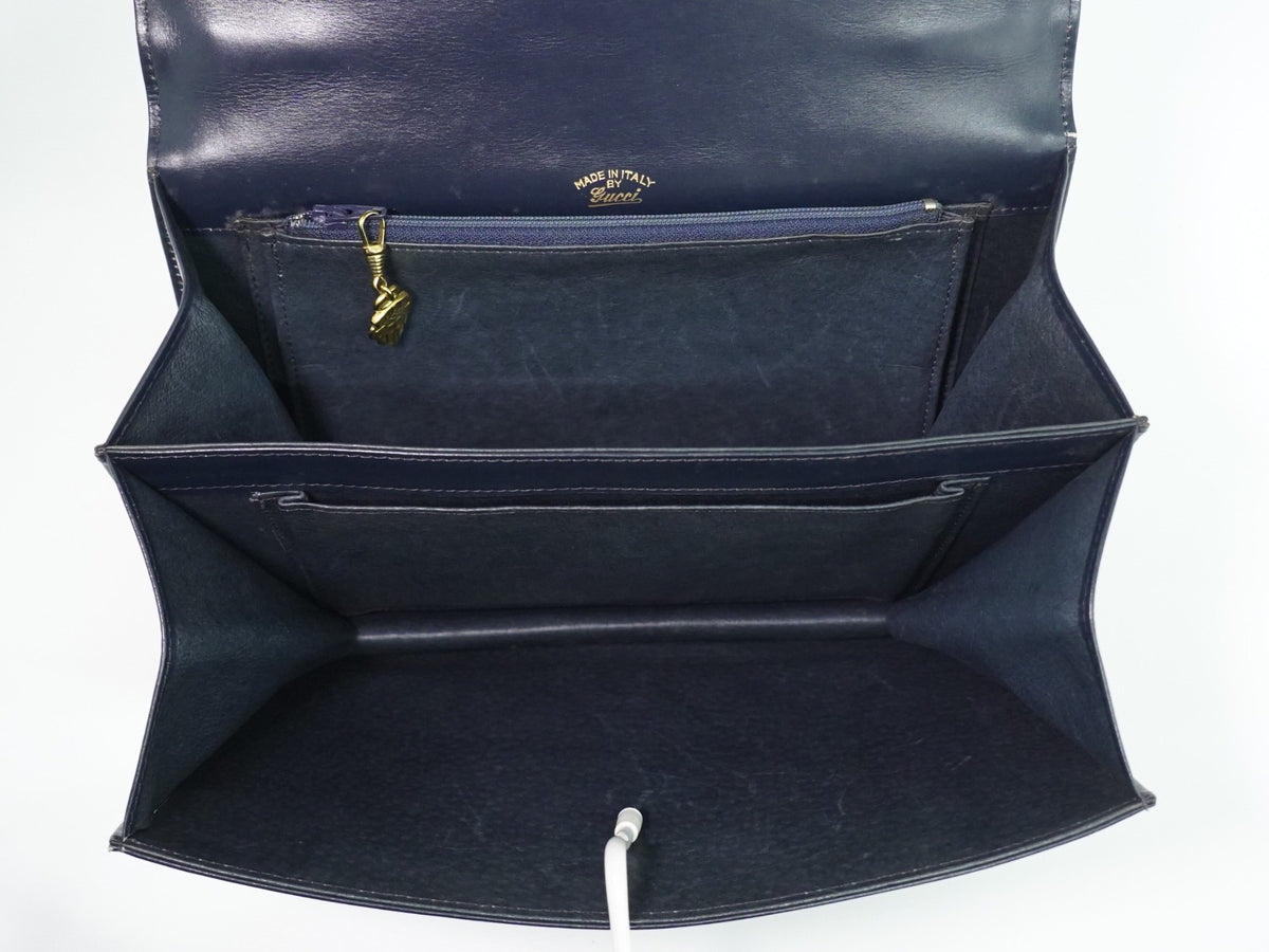 Gucci Vintage Top Handle Flap Leather with Chain Detail, Navy, Leather, Handbag