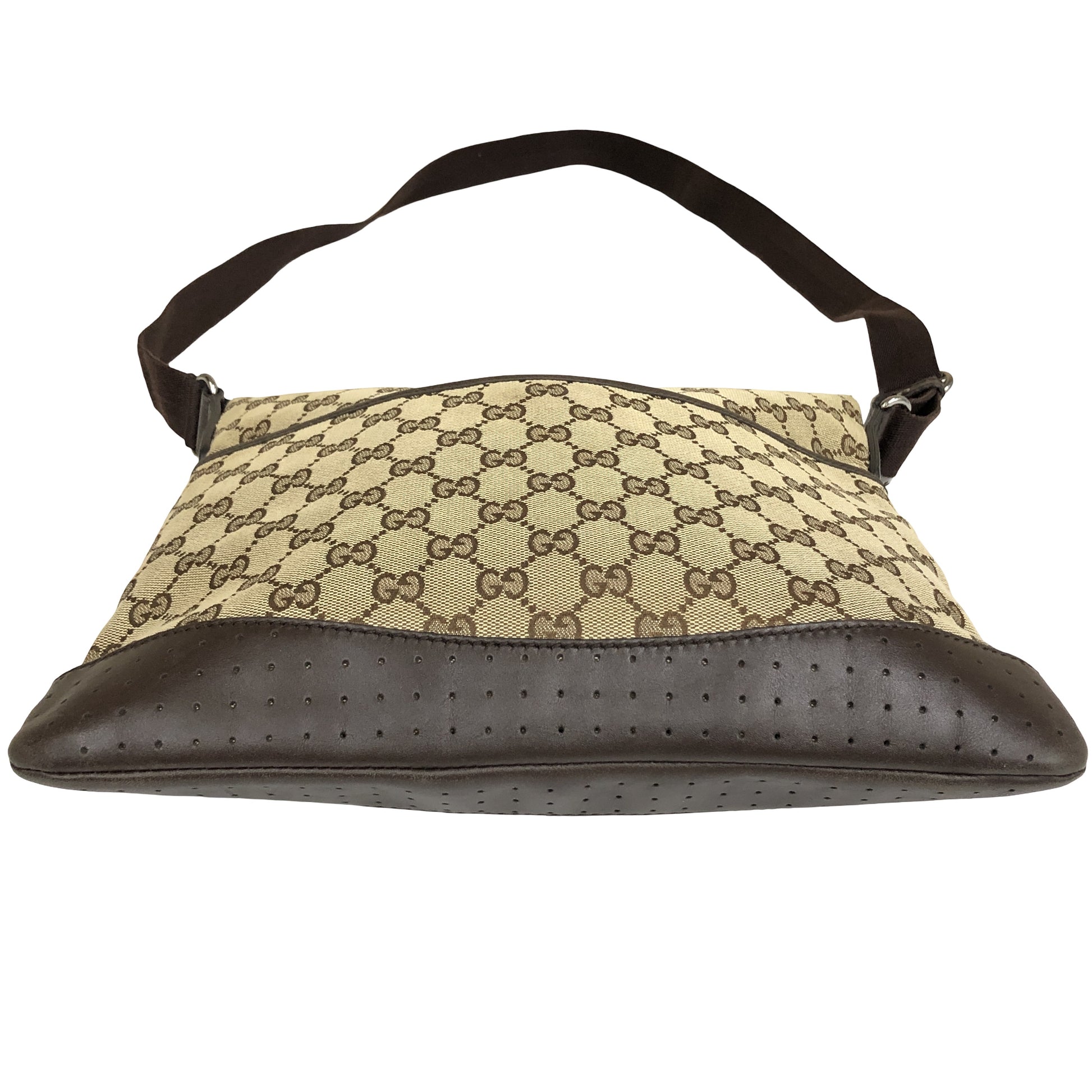 Gucci Zip Messenger GG Canvas with Perforated Leather, Beige, Canvas, Shoulder Bag