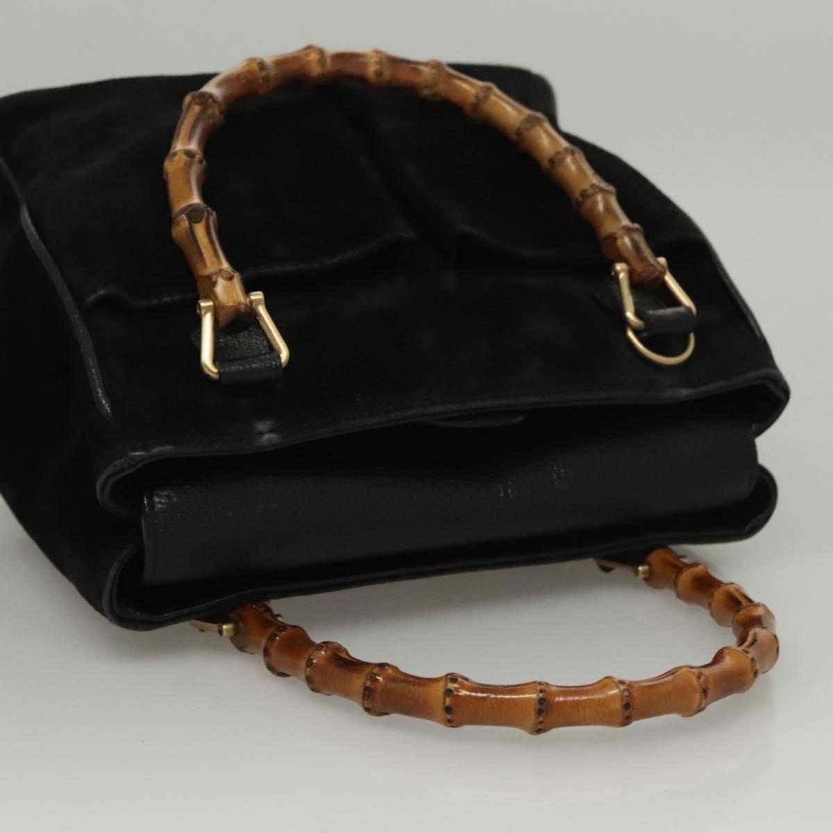 Gucci Vintage Bamboo Front Pocket Tote Suede, BLACK, SUEDE, Handbag