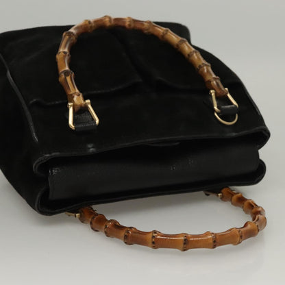 Gucci Vintage Bamboo Front Pocket Tote Suede, BLACK, SUEDE, Handbag