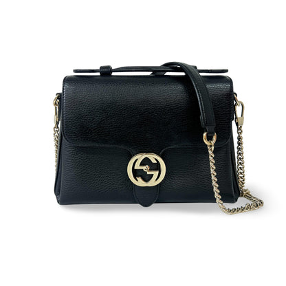 Gucci Interlocking Top Handle Bag Leather, Black, Leather, Shoulder Bag