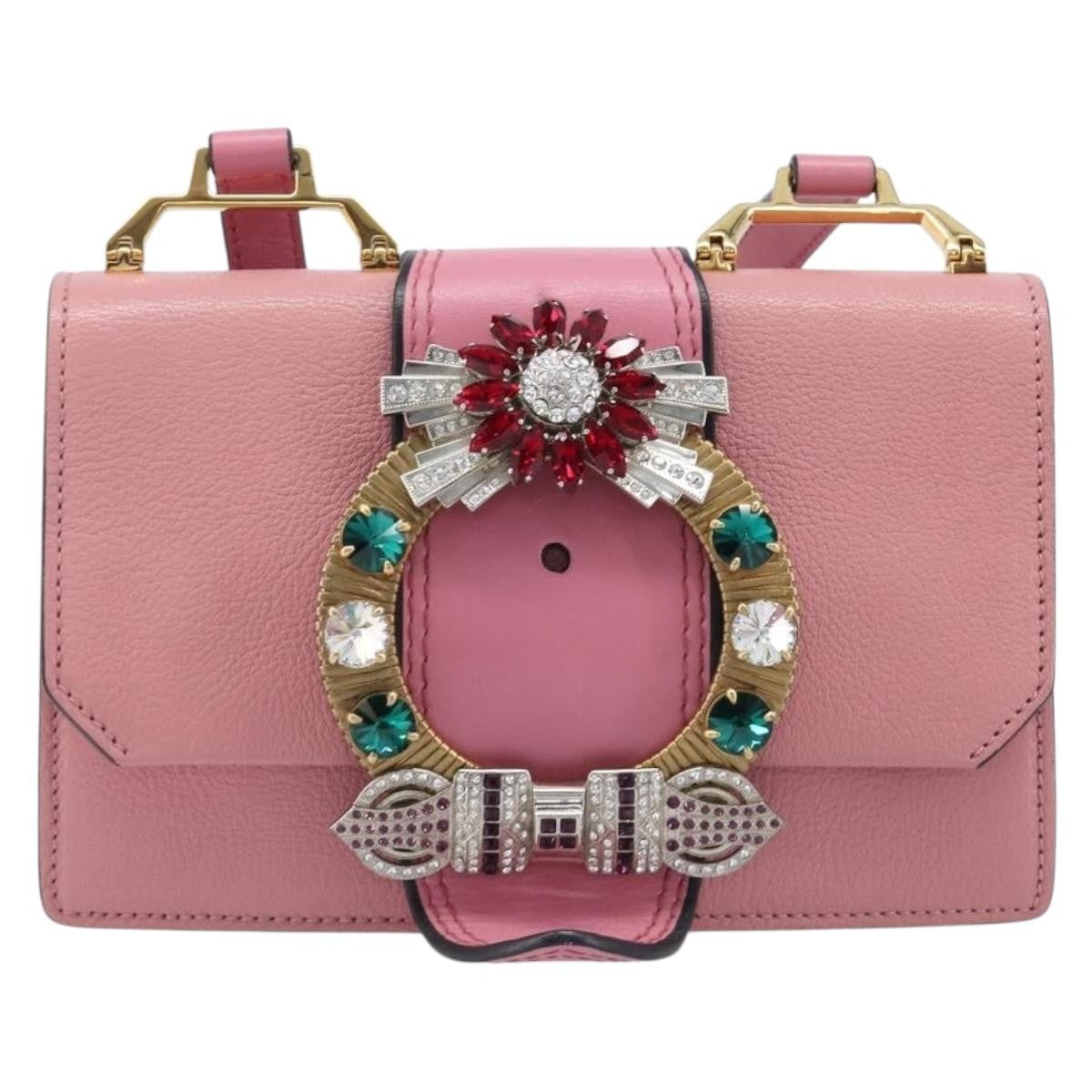 Miu Miu Madras Crystal Flap Leather, Pink, Leather, Crossbody Bag